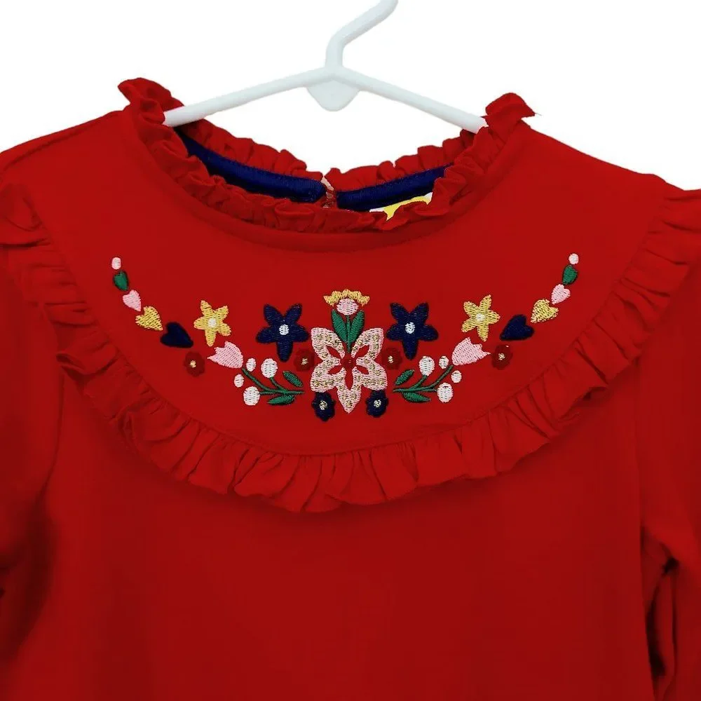 Mini Boden Dress Girls 4-5Y Red Embroidered Floral Pleated Ruffles Cotton Blend - Picture 3 of 11